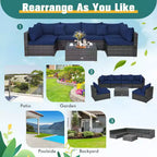 Costway Set Divano Sezionale da Esterno 7 Pezzi in Rattan con Cuscini per Giardino Blu Scuro