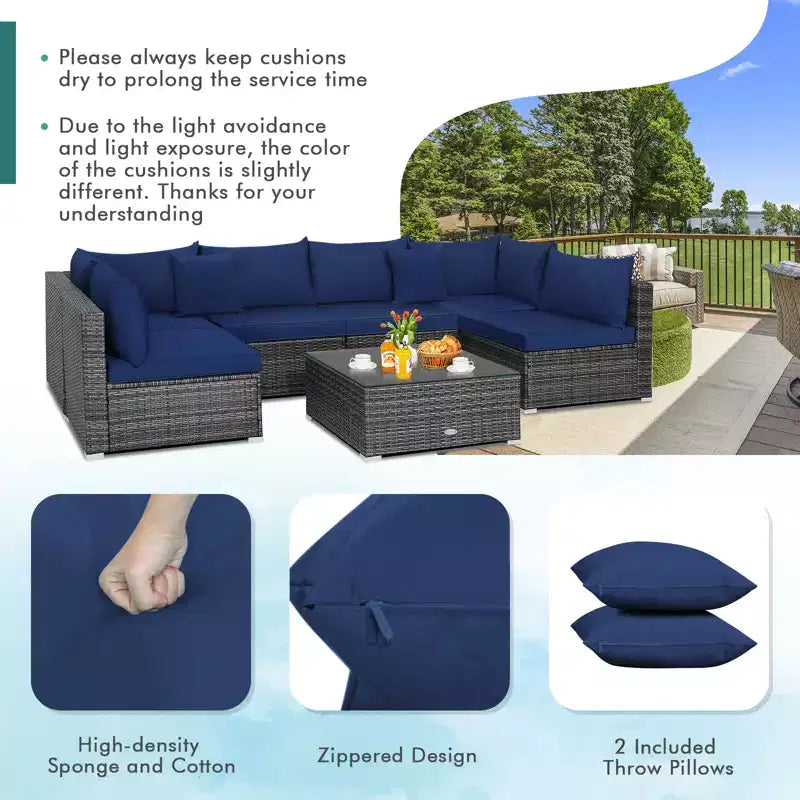 Costway Set Divano Sezionale da Esterno 7 Pezzi in Rattan con Cuscini per Giardino Blu Scuro