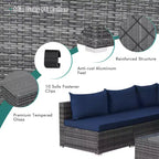 Costway Set Divano Sezionale da Esterno 7 Pezzi in Rattan con Cuscini per Giardino Blu Scuro