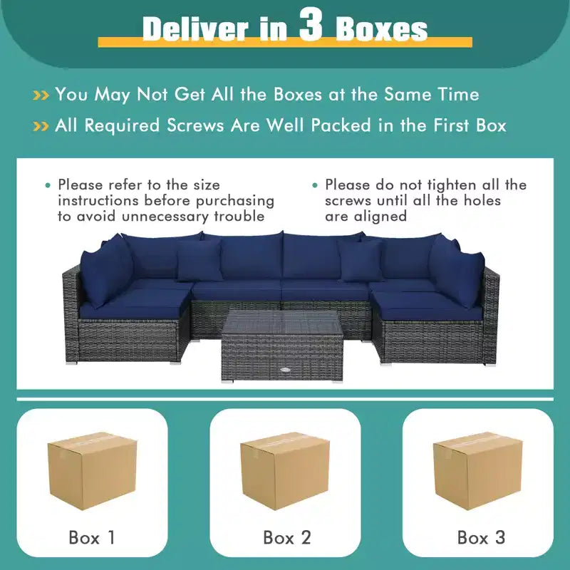Costway Set Divano Sezionale da Esterno 7 Pezzi in Rattan con Cuscini per Giardino Blu Scuro