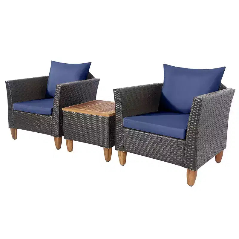 Costway Set di Mobili da Giardino 3 Pezzi con Divano in Rattan Intrecciato, Legno di Acacia, Colore Grigio/Rosso/Turchese/Blu Marino/Nero/Marrone Misto