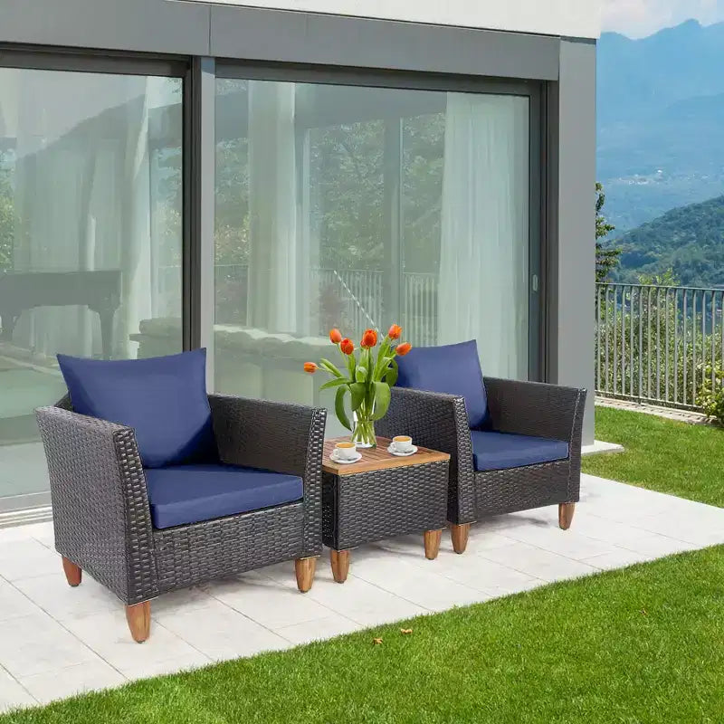 Costway Set di Mobili da Giardino 3 Pezzi con Divano in Rattan Intrecciato, Legno di Acacia, Colore Grigio/Rosso/Turchese/Blu Marino/Nero/Marrone Misto