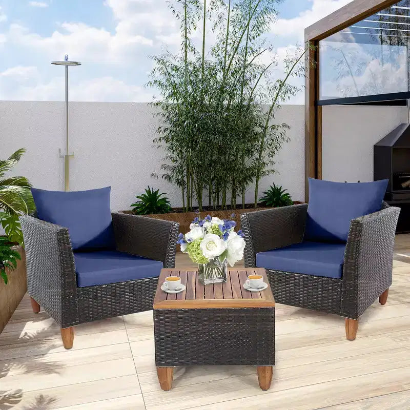 Costway Set di Mobili da Giardino 3 Pezzi con Divano in Rattan Intrecciato, Legno di Acacia, Colore Grigio/Rosso/Turchese/Blu Marino/Nero/Marrone Misto