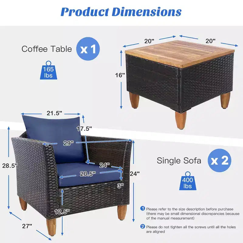 Costway Set di Mobili da Giardino 3 Pezzi con Divano in Rattan Intrecciato, Legno di Acacia, Colore Grigio/Rosso/Turchese/Blu Marino/Nero/Marrone Misto