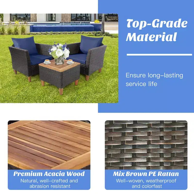 Costway Set di Mobili da Giardino 3 Pezzi con Divano in Rattan Intrecciato, Legno di Acacia, Colore Grigio/Rosso/Turchese/Blu Marino/Nero/Marrone Misto