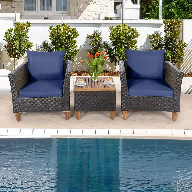 Costway Set di Mobili da Giardino 3 Pezzi con Divano in Rattan Intrecciato, Legno di Acacia, Colore Grigio/Rosso/Turchese/Blu Marino/Nero/Marrone Misto