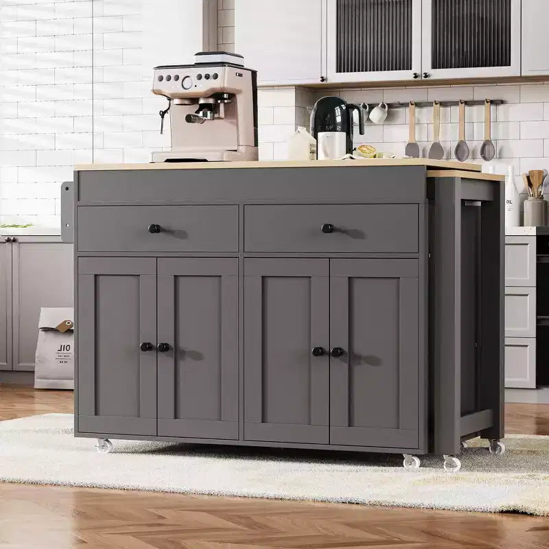 Isola da Cucina da 189 cm con Tavolo da Pranzo Estensibile, Carrello con 4 Armadietti, 2 Cassetti, Porta Spezie, Ripiani Regolabili