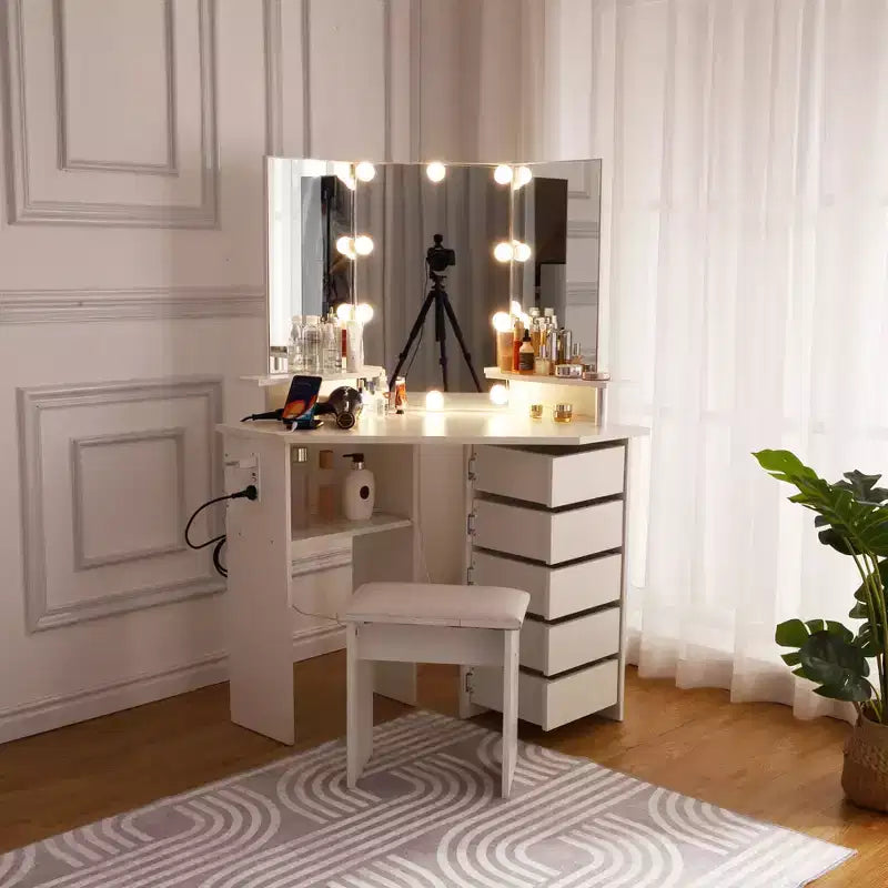 Coiffeuse d'angle avec lumières, table de maquillage avec prise de courant et tiroirs rotatifs pour chambre à coucher