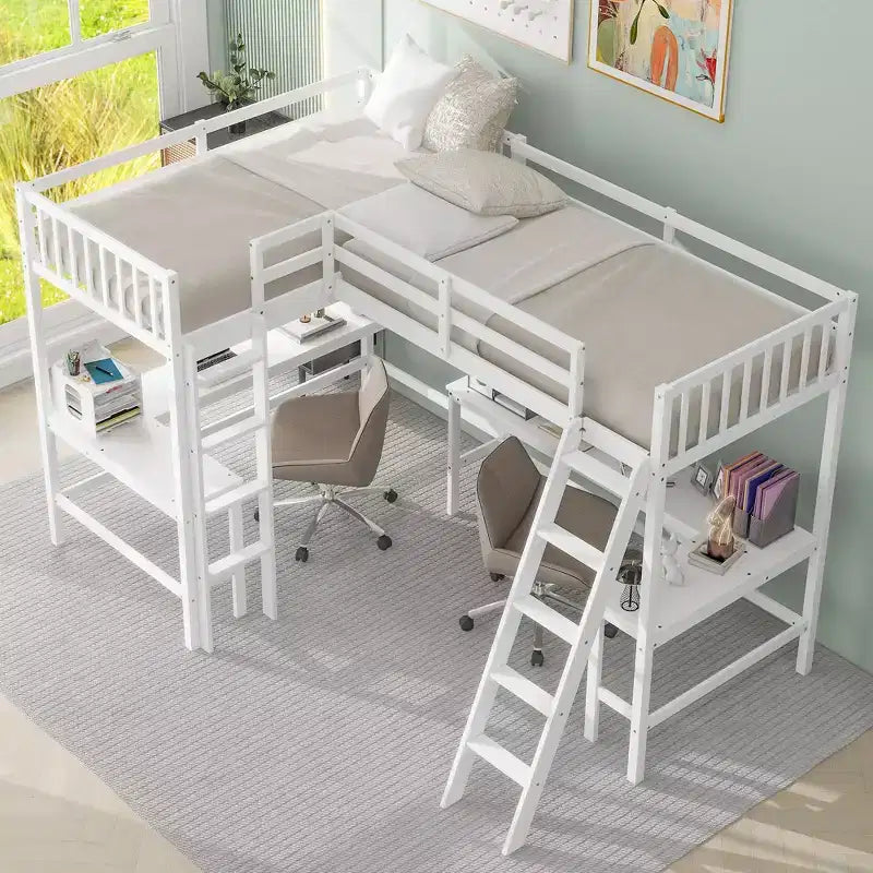 Letto a soppalco a L matrimoniale in legno da 119''L 79.5''W con scaletta e 2 scrivanie a L integrate
