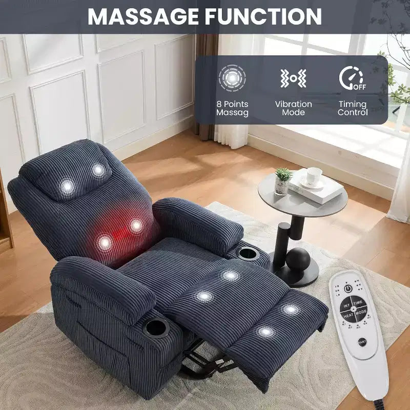 Poltrona Reclinabile Power Lift con Massaggio e Riscaldamento, 2 Portabicchieri e Funzione di Aiuto all'Alzarsi