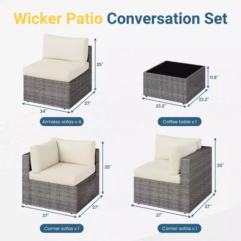 Set di Mobili da Esterno in Rattan a 7 Pezzi, Set Salotto da Esterno in Wicker con Cuscini e Tavolino da Caffè, Divano Sezionale Modulare da Esterno