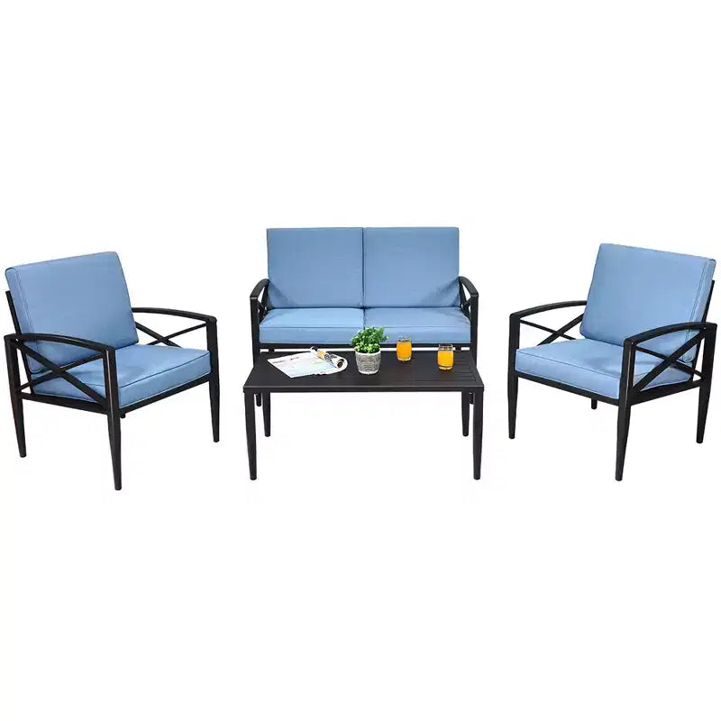 Costway Set di 4 Mobili da Giardino con Telaio in Alluminio, Divano, Poltrona, Tavolino da Caffè, Blu
