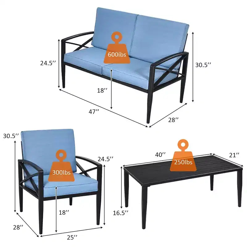 Costway Set di 4 Mobili da Giardino con Telaio in Alluminio, Divano, Poltrona, Tavolino da Caffè, Blu