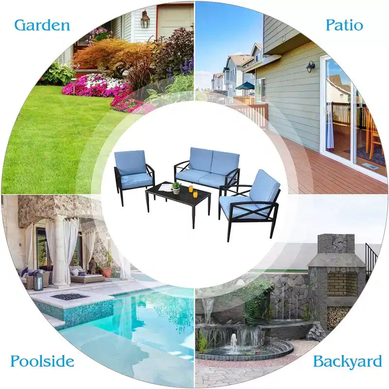 Costway Set di 4 Mobili da Giardino con Telaio in Alluminio, Divano, Poltrona, Tavolino da Caffè, Blu