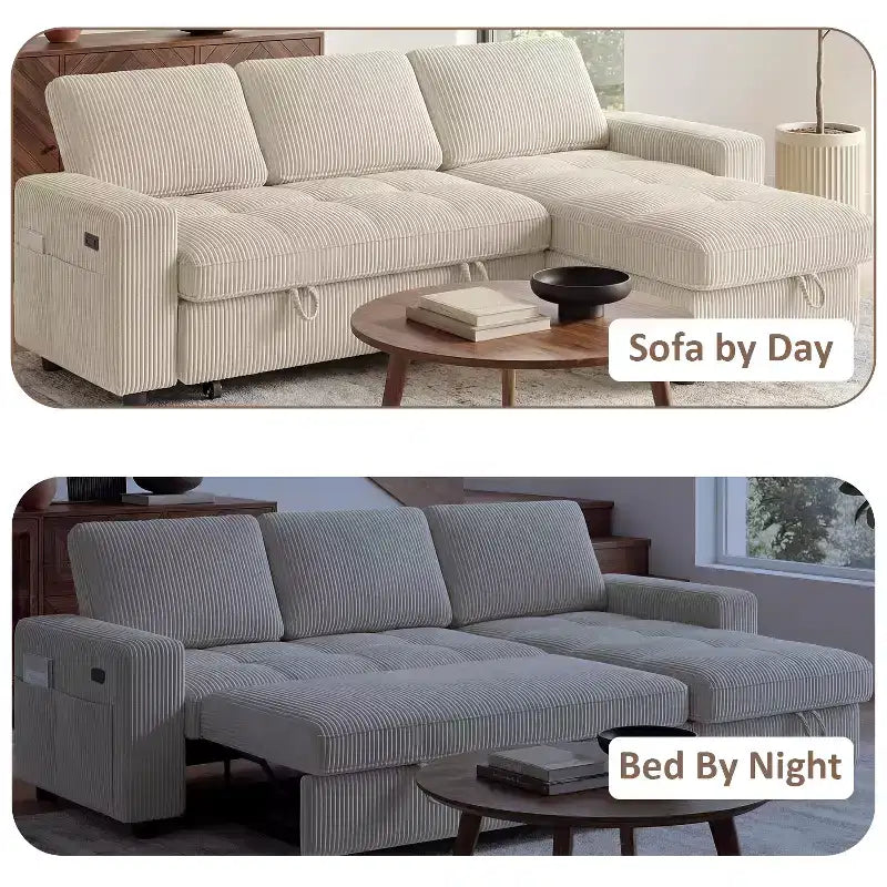 Divano Letto, Divano Estraibile a L da 81 pollici con Chaise Longue Reversibile e Contenitore/Porta USB/Tasca Laterale/Montaggio Senza Attrezzi, Velluto a Coste Beige