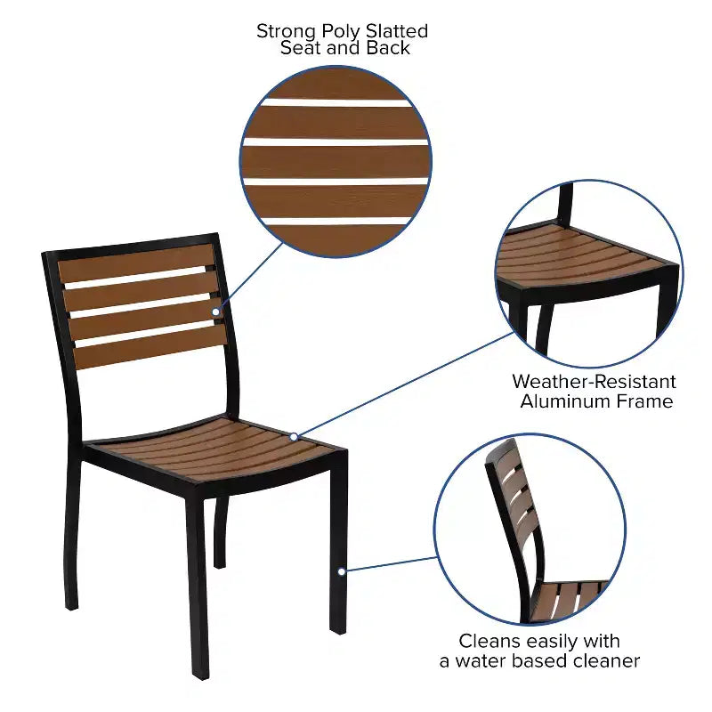 Set da tavolo da patio Emma e Oliver da 5 pezzi - Sedie impilabili in teak sintetico - Tavolo in teak sintetico - Ombrellone con base