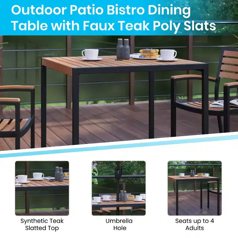 Set da tavolo da patio Emma e Oliver da 5 pezzi - Sedie impilabili in teak sintetico - Tavolo in teak sintetico - Ombrellone con base