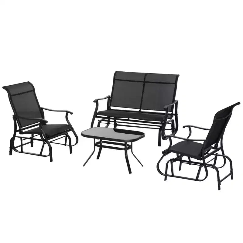 Outsunny Set di 4 Pezzi, Set di Mobili da Esterno con Panchina a Dondolo a 2 Posti, Sedia a Sdraio Singola e Tavolino da Caffè in Vetro, Nero