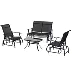 Outsunny Set di 4 Pezzi, Set di Mobili da Esterno con Panchina a Dondolo a 2 Posti, Sedia a Sdraio Singola e Tavolino da Caffè in Vetro, Nero