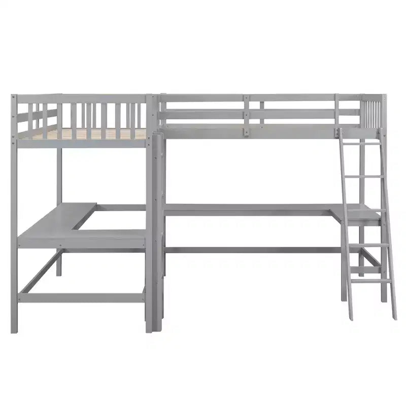 Letto a soppalco a L matrimoniale in legno da 119''L 79.5''W con scaletta e 2 scrivanie a L integrate