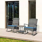 Outsunny Set 3 Pezzi di Sedie a Dondolo da Esterno in Rattan PE, Sedia a Dondolo Reclinabile da Giardino in Vimini con Cuscini Morbidi e Tavolino da Caffè con Piano in Legno Naturale, per Giardino, Cortile, Portico
