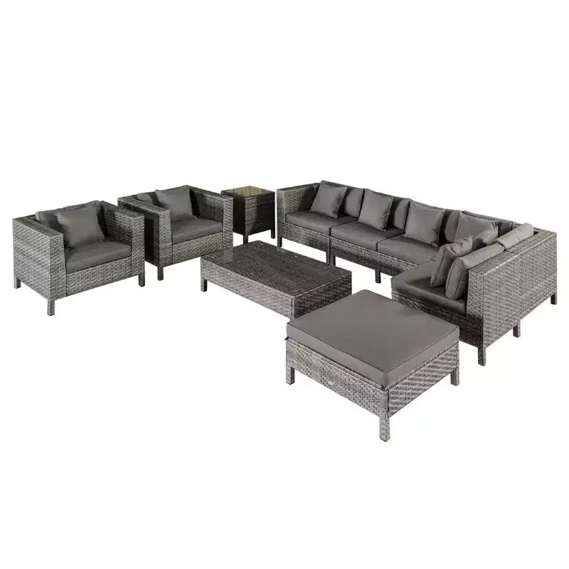 Outsunny Set da Esterno 9 Pezzi in Rattan PE con Divano Angolare, Tavolino e Pouf, Cuscini Imbottiti per Giardino, Terrazzo e Balcone