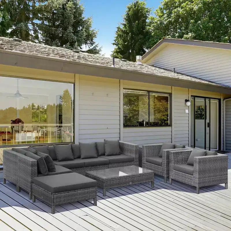 Outsunny Set da Esterno 9 Pezzi in Rattan PE con Divano Angolare, Tavolino e Pouf, Cuscini Imbottiti per Giardino, Terrazzo e Balcone