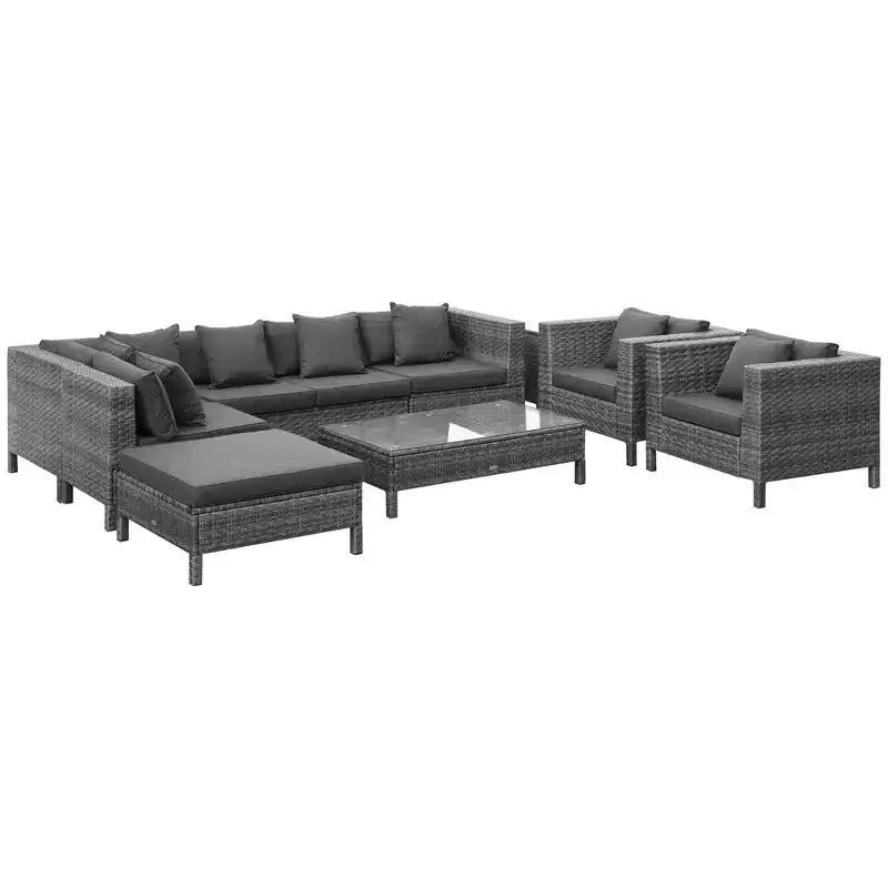 Outsunny Set da Esterno 9 Pezzi in Rattan PE con Divano Angolare, Tavolino e Pouf, Cuscini Imbottiti per Giardino, Terrazzo e Balcone