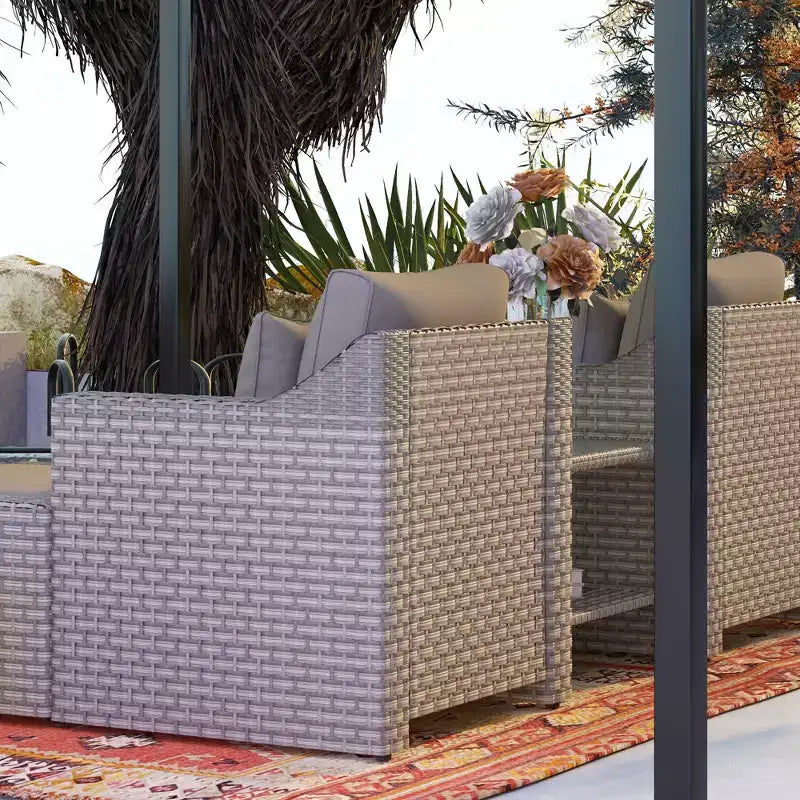 Outsunny Set Arredamento da Esterno 5 Pezzi, Set Salotto Conversazione con Sedie e Poggiapiedi in Rattan PE Resistente alle Intemperie con Tavolo, Cuscini e Guanciali Inclusi