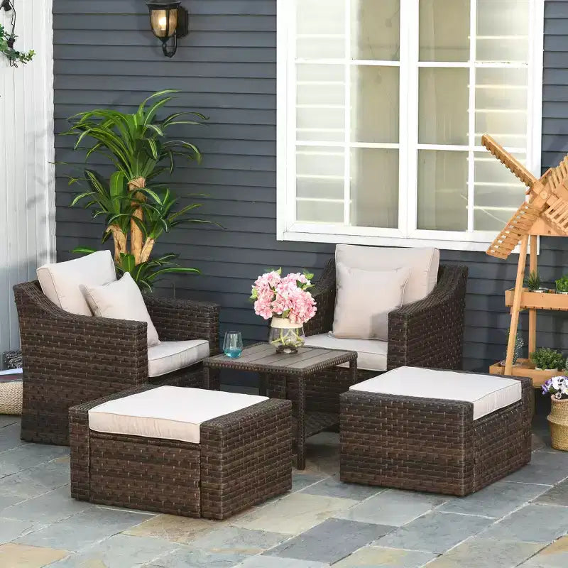 Outsunny Set Arredamento da Esterno 5 Pezzi, Set Salotto Conversazione con Sedie e Poggiapiedi in Rattan PE Resistente alle Intemperie con Tavolo, Cuscini e Guanciali Inclusi