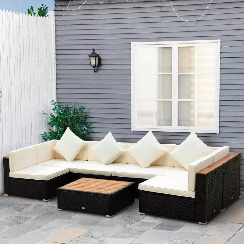 Outsunny Set Divani da Esterno in Vimini 7 Pezzi, Divano Sezionale in Rattan PE con Tavolino da Caffè con Top in Acacia e Cuscini per Giardino, Cortile,