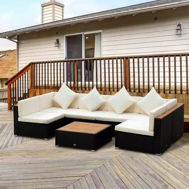 Outsunny Set Divani da Esterno in Vimini 7 Pezzi, Divano Sezionale in Rattan PE con Tavolino da Caffè con Top in Acacia e Cuscini per Giardino, Cortile,