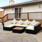 Outsunny Set Divani da Esterno in Vimini 7 Pezzi, Divano Sezionale in Rattan PE con Tavolino da Caffè con Top in Acacia e Cuscini per Giardino, Cortile,