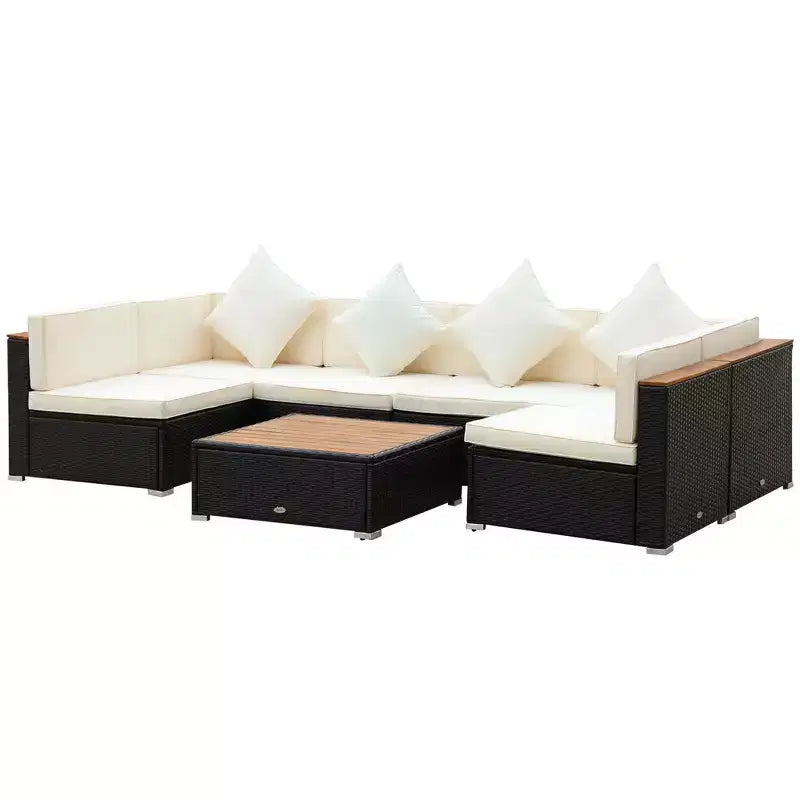 Outsunny Set Divani da Esterno in Vimini 7 Pezzi, Divano Sezionale in Rattan PE con Tavolino da Caffè con Top in Acacia e Cuscini per Giardino, Cortile,