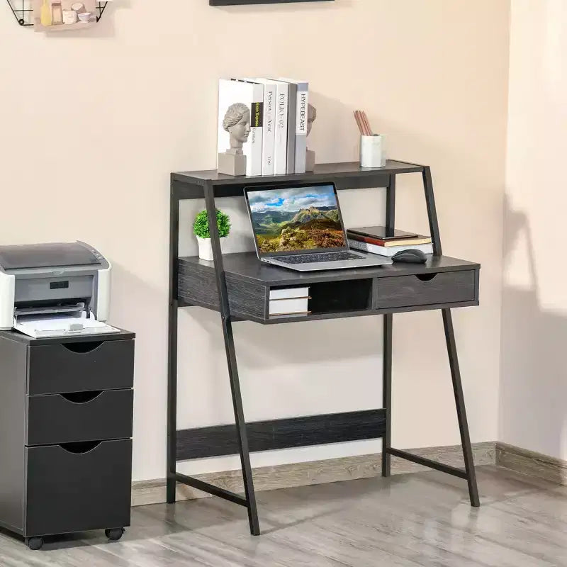 Scrivania HOMCOM per Ufficio, Scrivania per Computer Salvaspazio, Tavolo da Scrittura con Cassetto e Ripiani