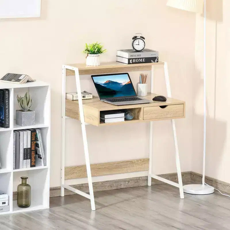 Scrivania HOMCOM per Ufficio, Scrivania per Computer Salvaspazio, Tavolo da Scrittura con Cassetto e Ripiani