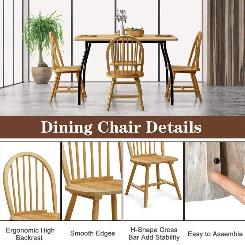 4 Sedie da Pranzo Laterali Vintage Windsor in Legno con Schienale a Fuso Naturali
