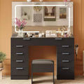 Coiffeuse avec grand miroir et lumières, ensemble coiffeuse de maquillage avec plateau en verre, prise électrique, tabouret, table de chevet pour chambre à coucher