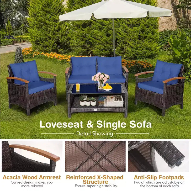 Costway Set Mobili da Giardino 4 Pezzi in Rattan Divano con Cuscini Tavolo Contenitore Off