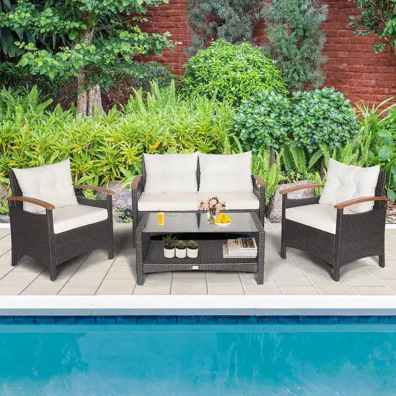 Costway Set Mobili da Giardino 4 Pezzi in Rattan Divano con Cuscini Tavolo Contenitore Off