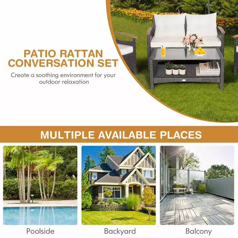 Costway Set Mobili da Giardino 4 Pezzi in Rattan Divano con Cuscini Tavolo Contenitore Off