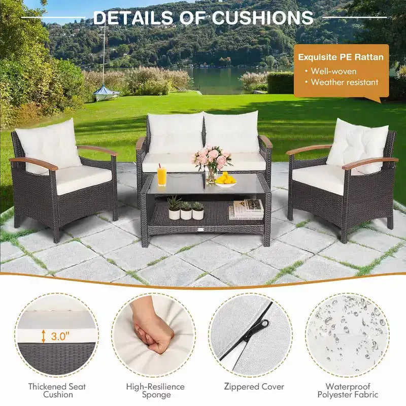 Costway Set Mobili da Giardino 4 Pezzi in Rattan Divano con Cuscini Tavolo Contenitore Off