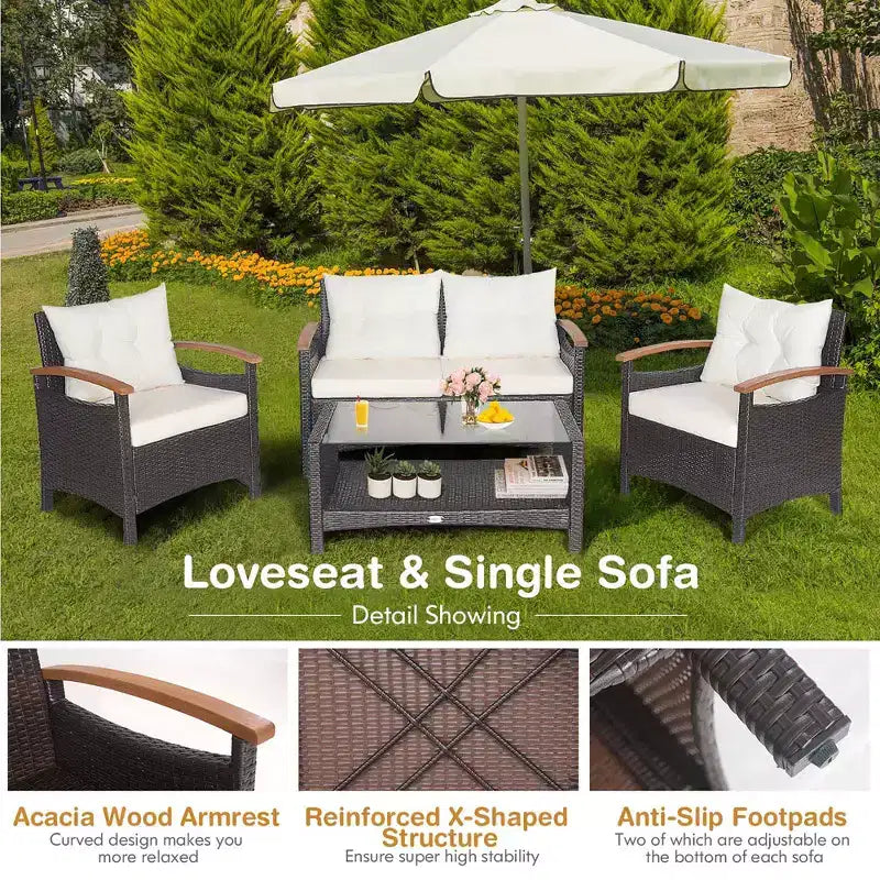 Costway Set Mobili da Giardino 4 Pezzi in Rattan Divano con Cuscini Tavolo Contenitore Off