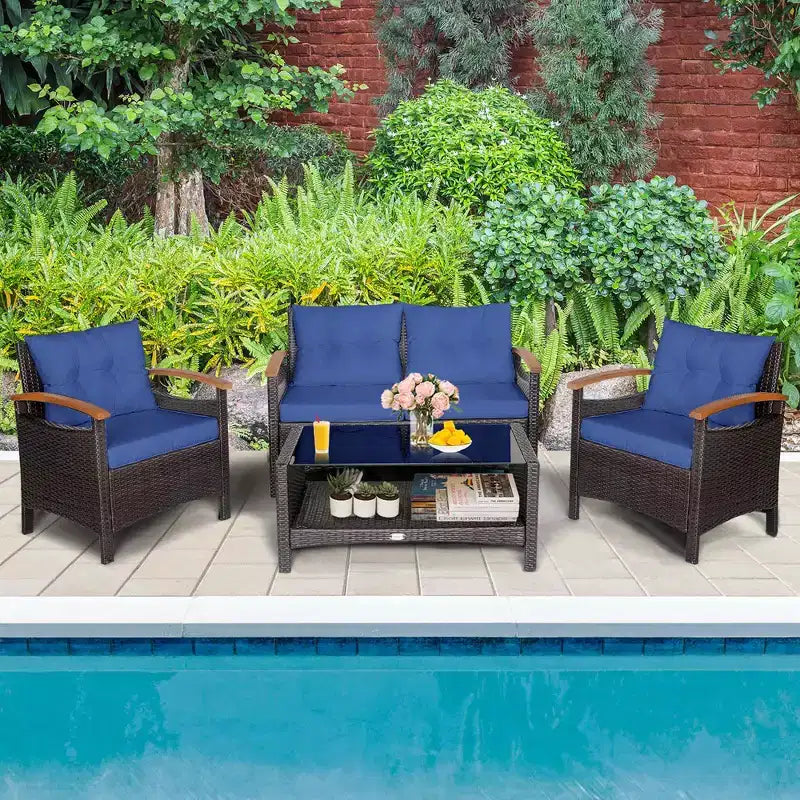 Costway Set Mobili da Giardino 4 Pezzi in Rattan Divano con Cuscini Tavolo Contenitore Off