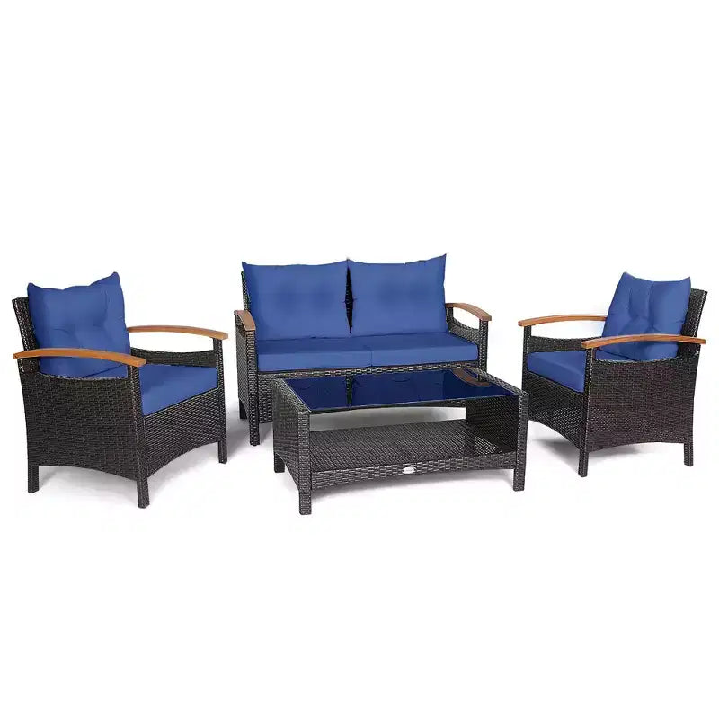 Costway Set Mobili da Giardino 4 Pezzi in Rattan Divano con Cuscini Tavolo Contenitore Off
