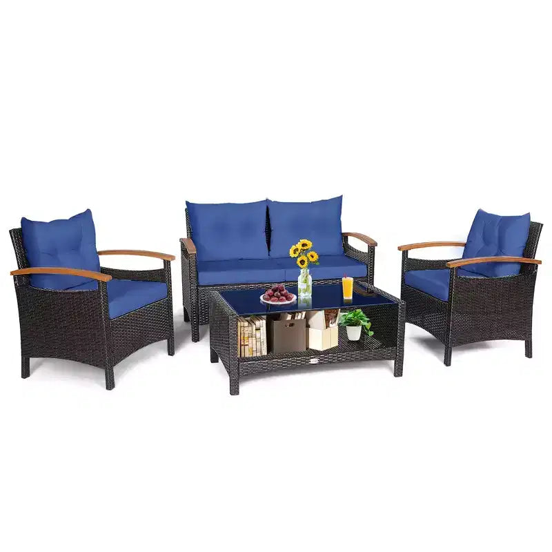 Costway Set Mobili da Giardino 4 Pezzi in Rattan Divano con Cuscini Tavolo Contenitore Off