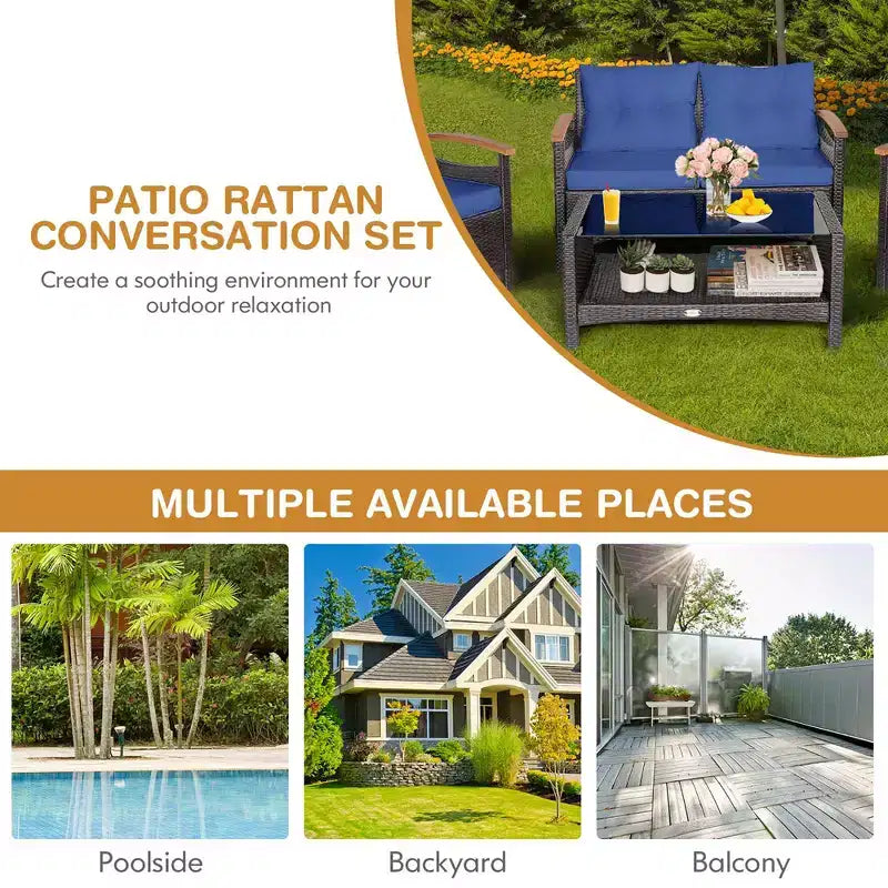 Costway Set Mobili da Giardino 4 Pezzi in Rattan Divano con Cuscini Tavolo Contenitore Off