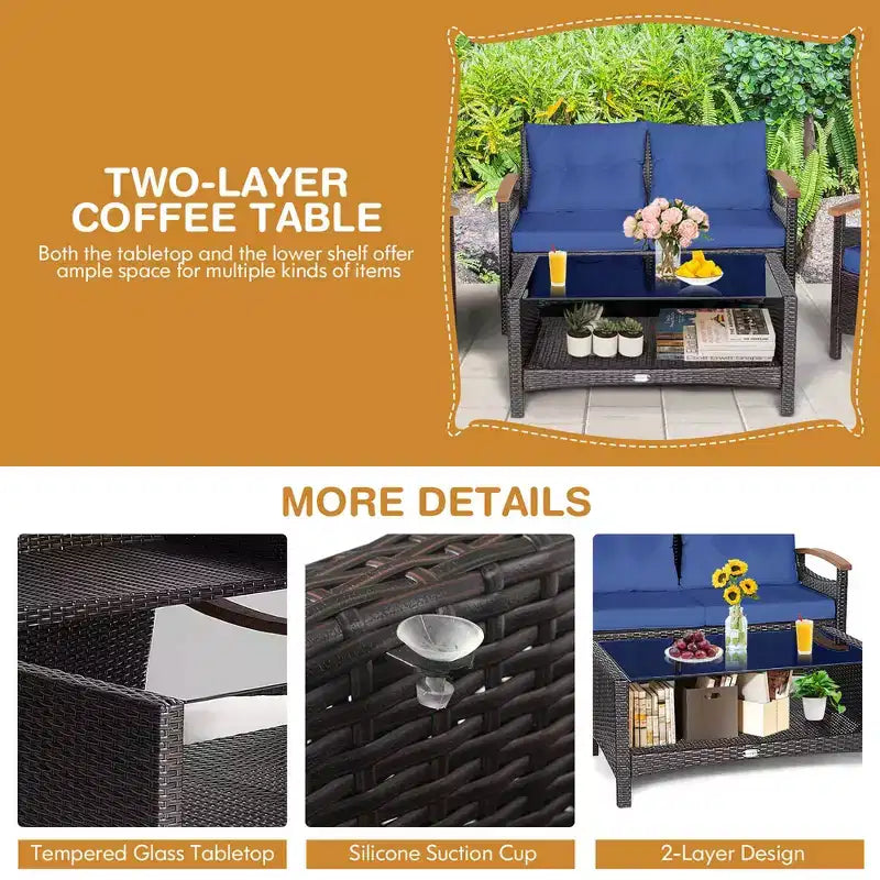 Costway Set Mobili da Giardino 4 Pezzi in Rattan Divano con Cuscini Tavolo Contenitore Off