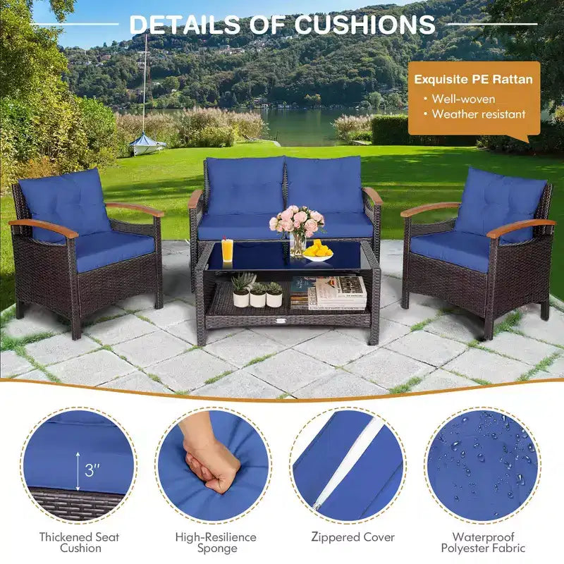 Costway Set Mobili da Giardino 4 Pezzi in Rattan Divano con Cuscini Tavolo Contenitore Off