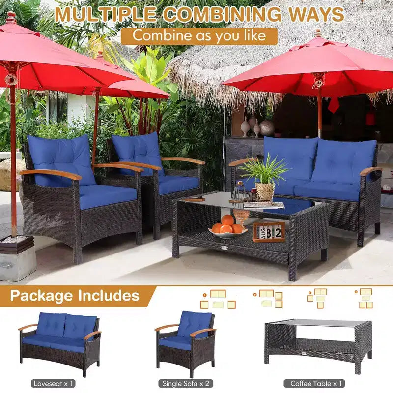 Costway Set Mobili da Giardino 4 Pezzi in Rattan Divano con Cuscini Tavolo Contenitore Off